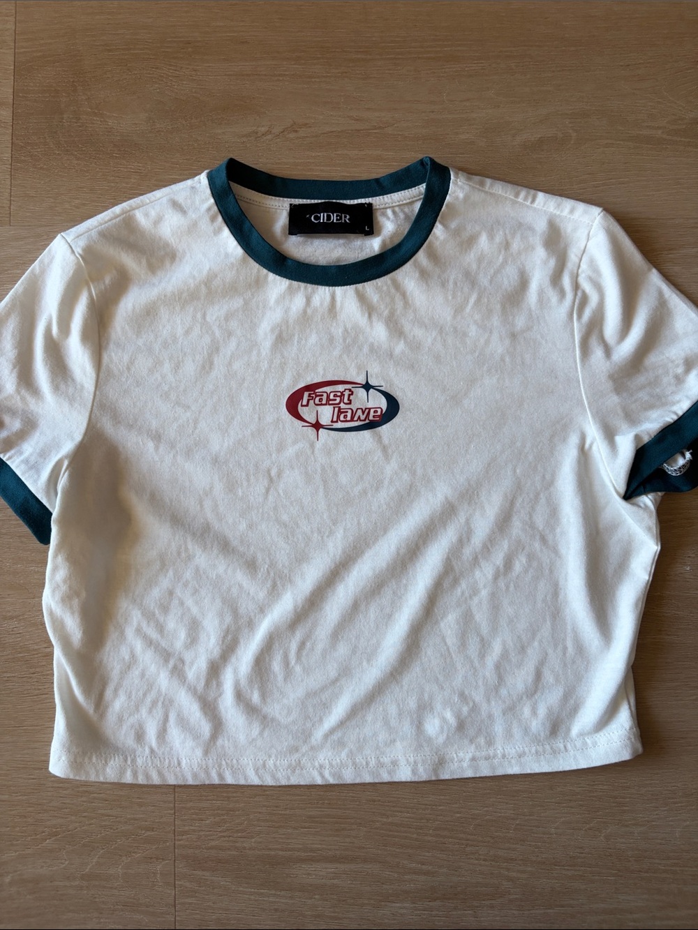 Cider Fast Lane Racing Ringer Vintage Y2K Style Crop Tee White Blue L - Picture 6 of 6